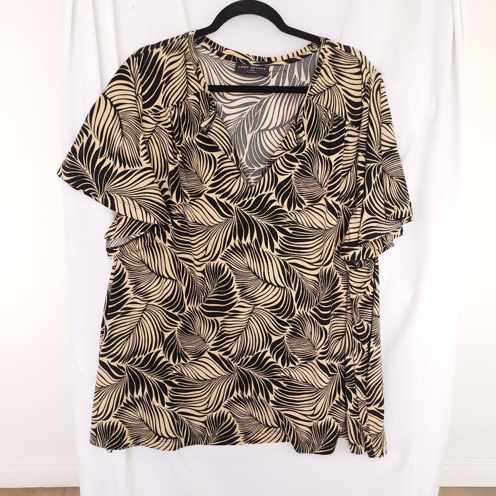Lane Bryant Beige n Black Plant Pattern Stretchy V Neck Blouse Size 26/28